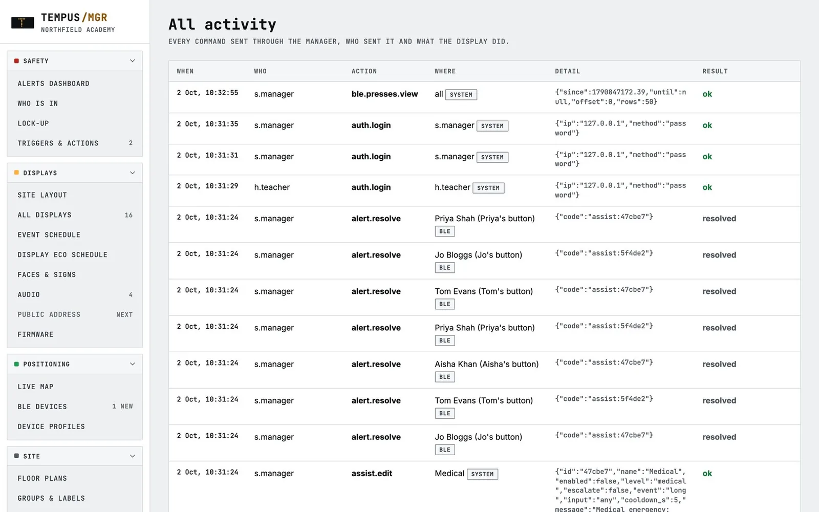 The activity log listing every command, who made it and the result