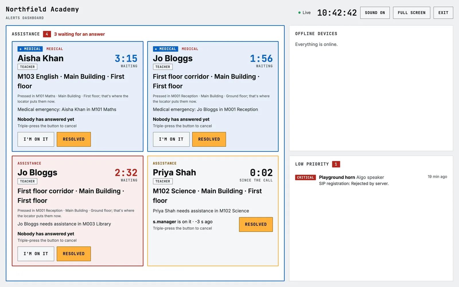 Tempus alerts dashboard showing two unanswered medical calls and two calls for assistance, each with the person's name, room and waiting time