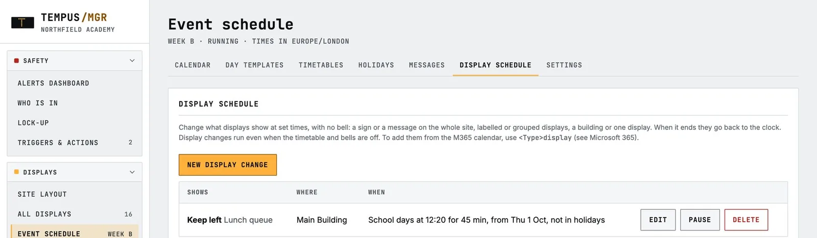 The display schedule listing scheduled sign changes