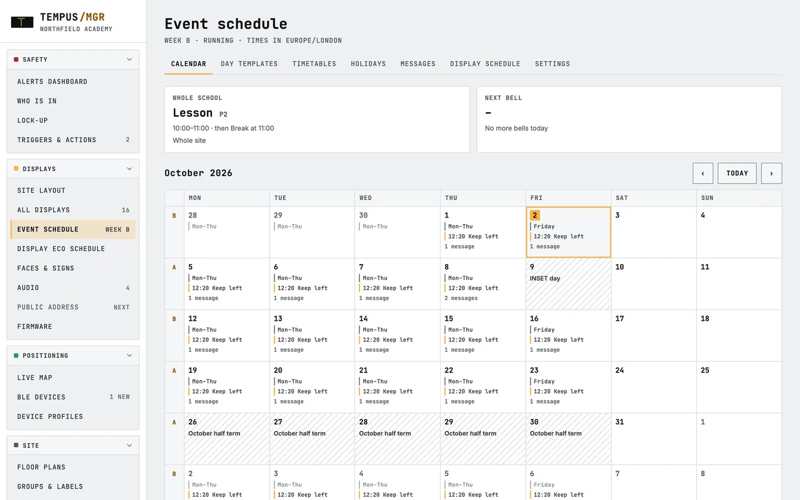 Tempus event schedule calendar showing Week A and Week B, school days, an INSET day and half term