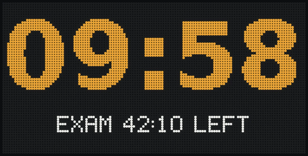 Tempus LED display showing the time 09:58 and EXAM 42:10 LEFT