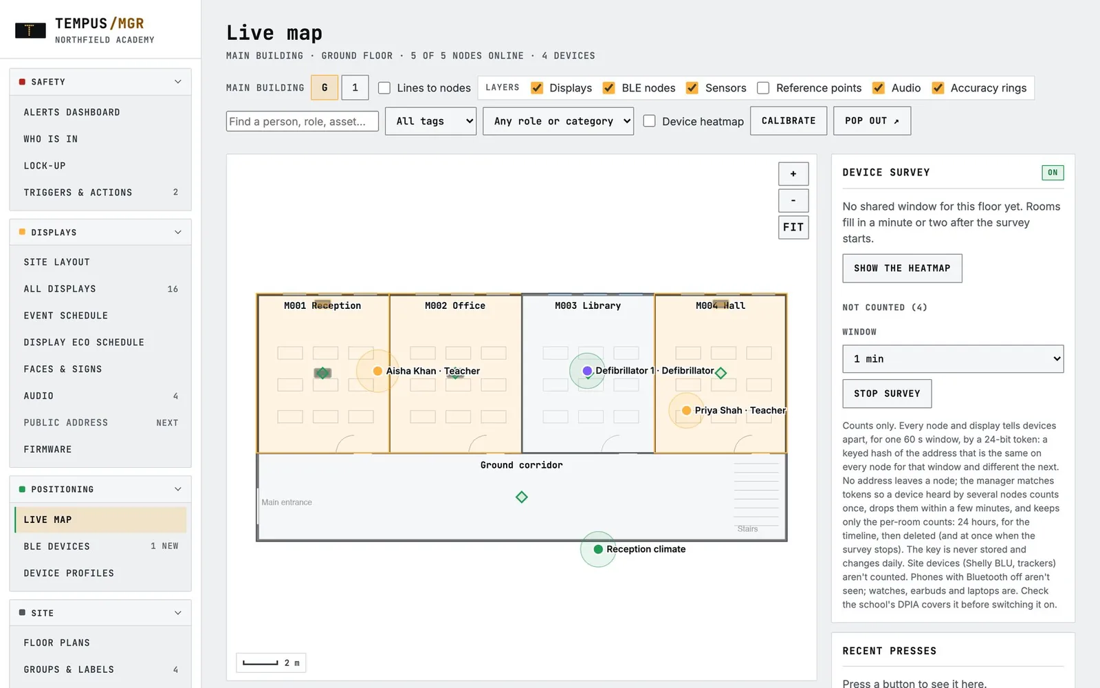 Tempus live map of a school ground floor showing rooms, Bluetooth receivers, displays and the live position of staff