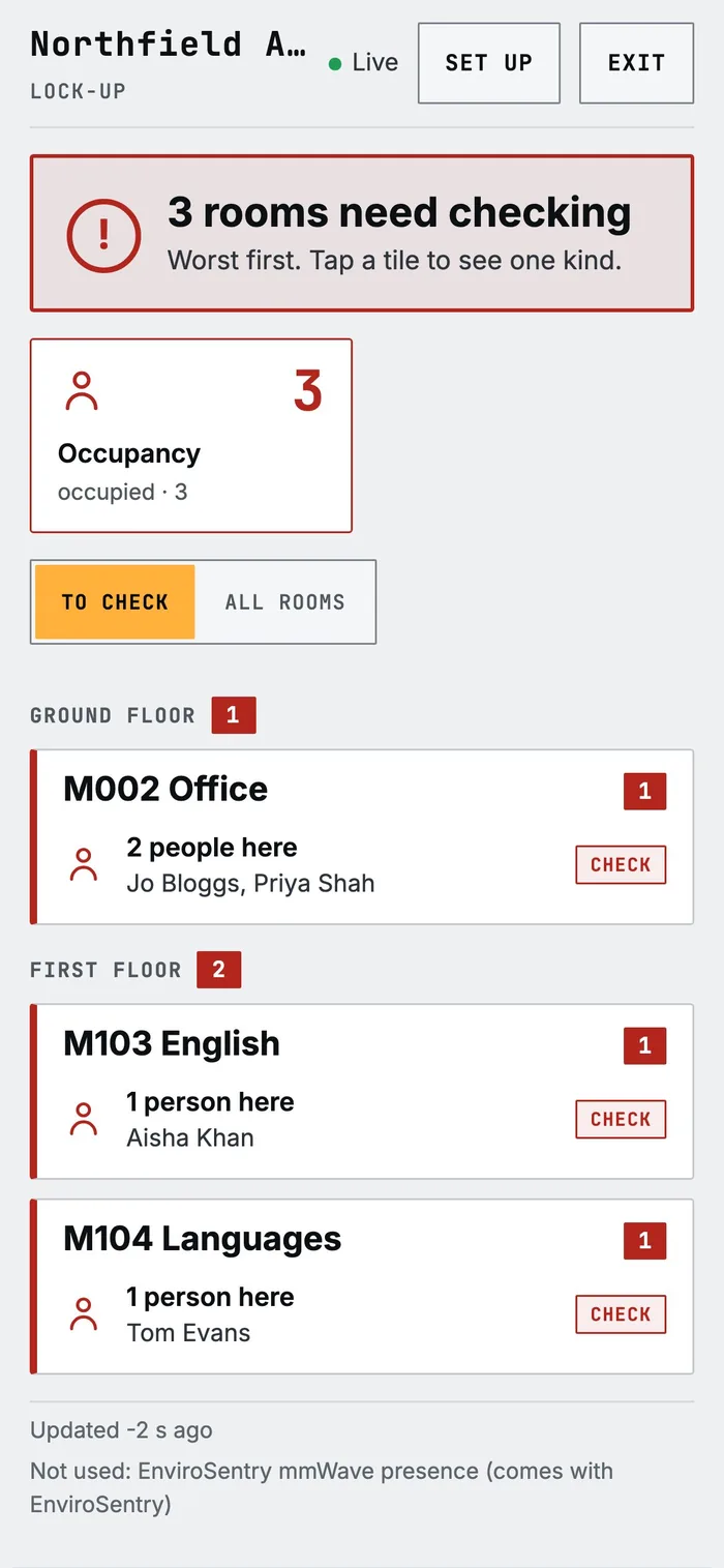 Lock-up checklist on a phone listing rooms that still need checking
