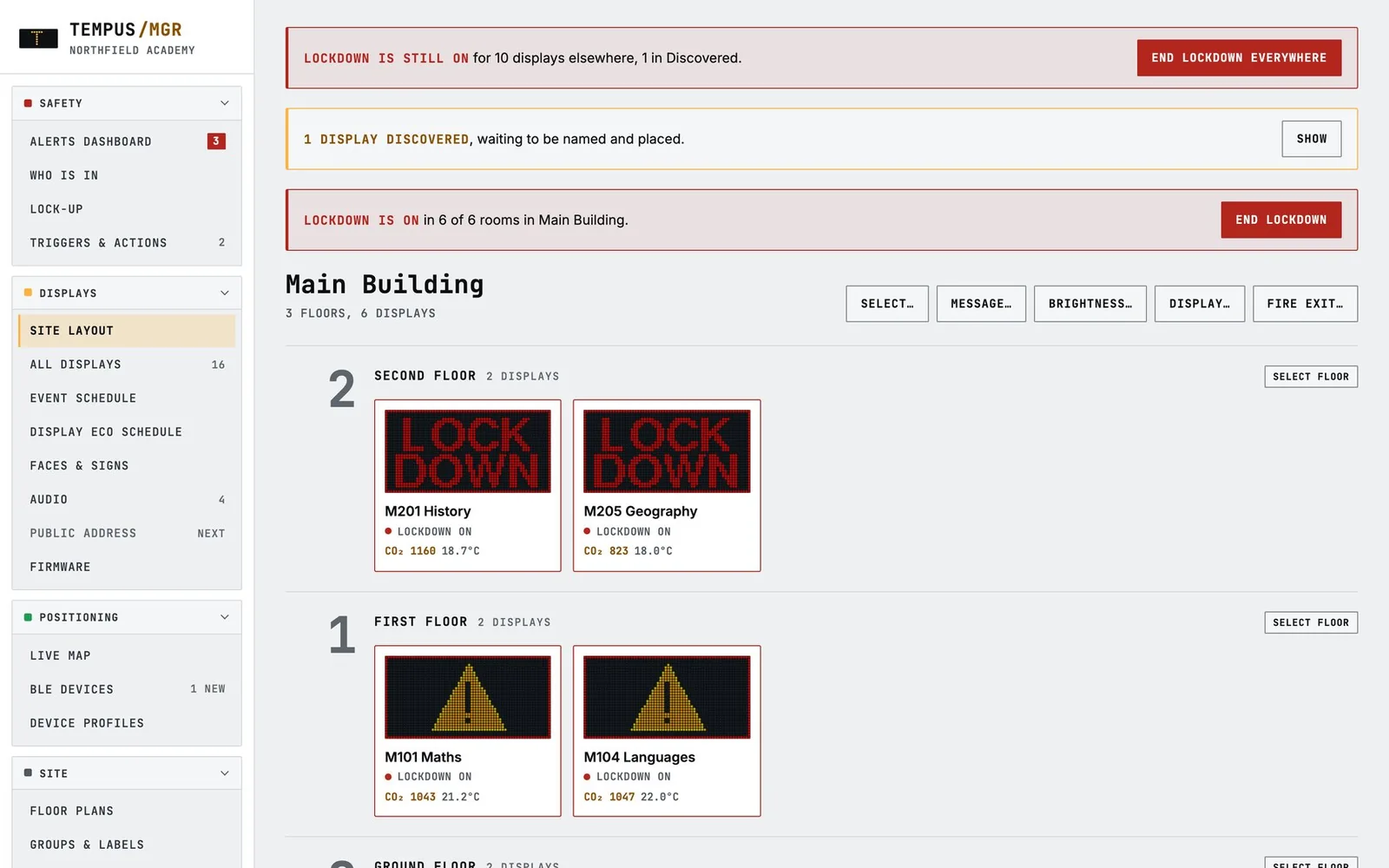 Tempus Manager site layout during a lockdown, with every room display showing the lockdown screen