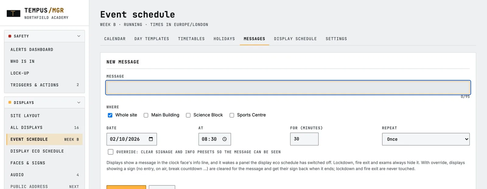 Creating a scheduled message in Tempus: message text, where it shows, date, time and repeat