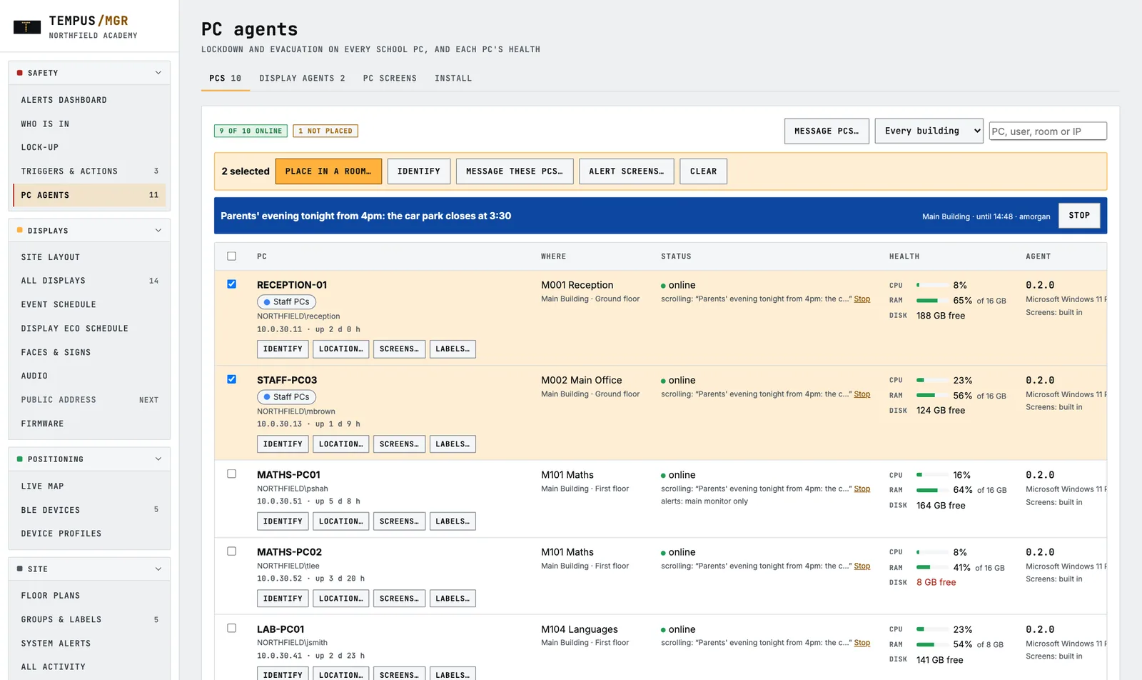 List of staff computers showing who is signed in, status and health