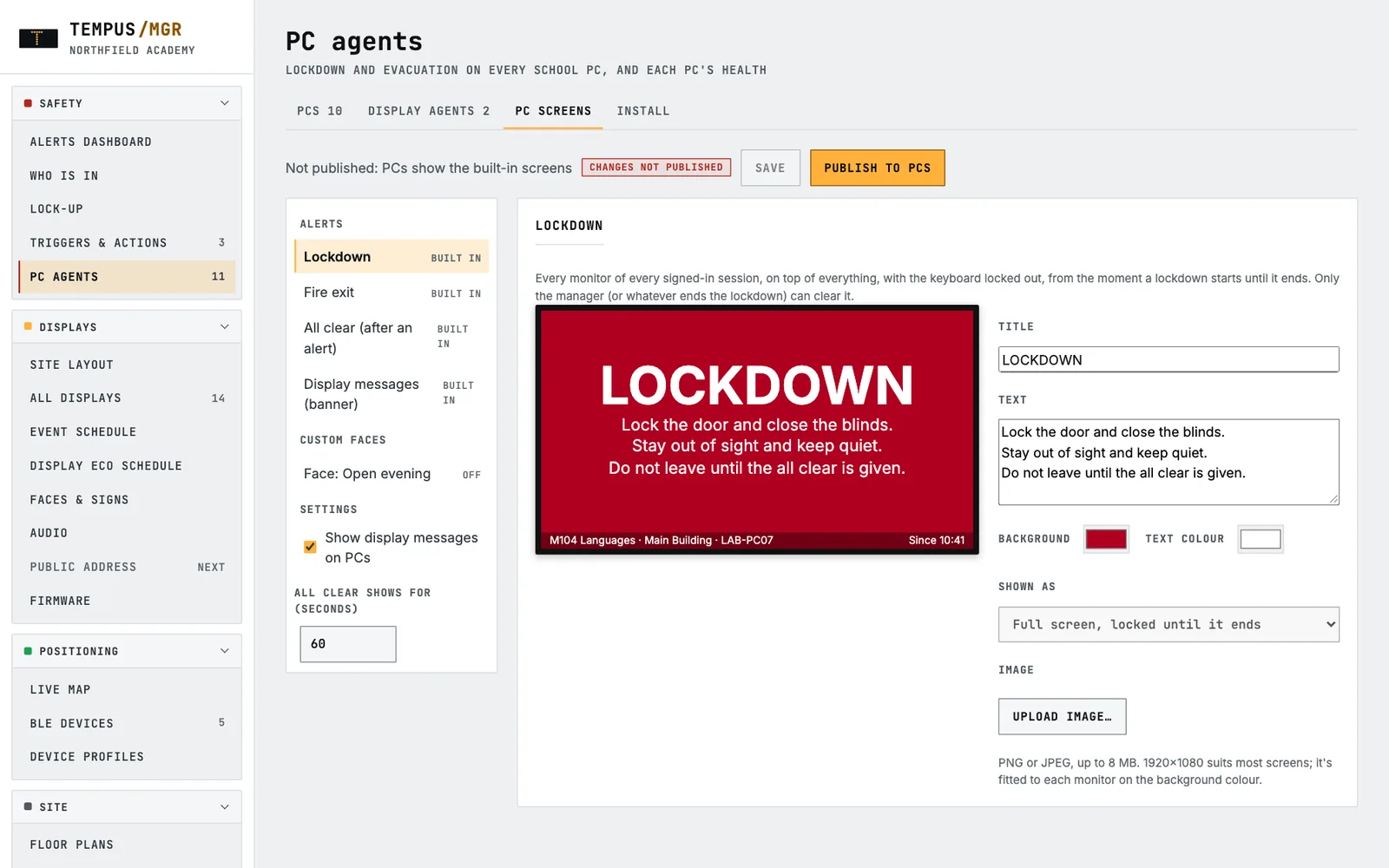 Designing the lockdown screen shown on staff computers, with title, text and colours