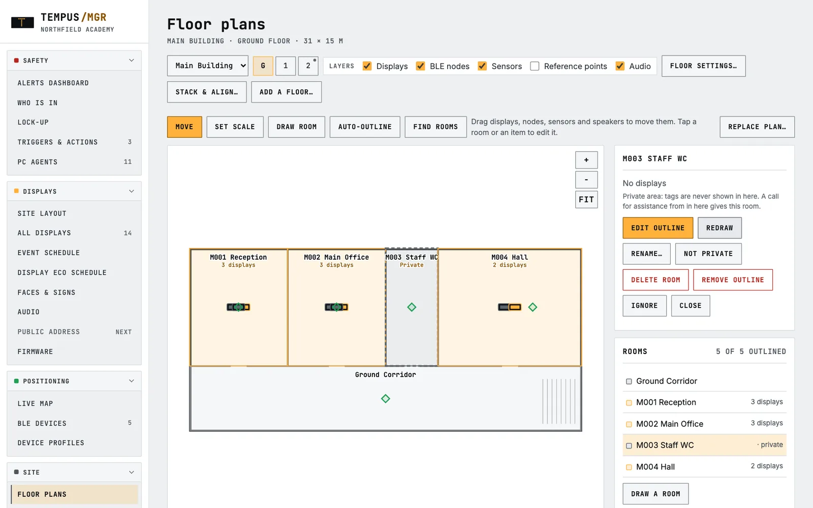 Floor plan with a staff toilet marked as a private area where no one's position is ever shown