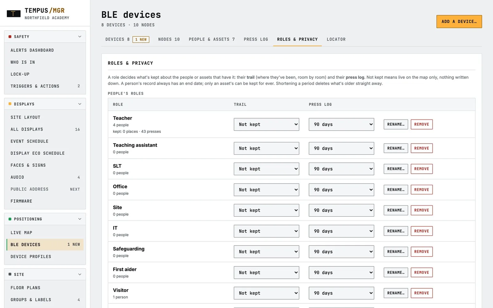 Roles and privacy settings showing what is kept for each role and for how long