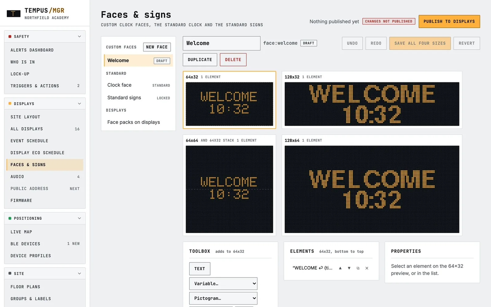 Tempus sign and face designer showing a welcome sign drawn for every display size