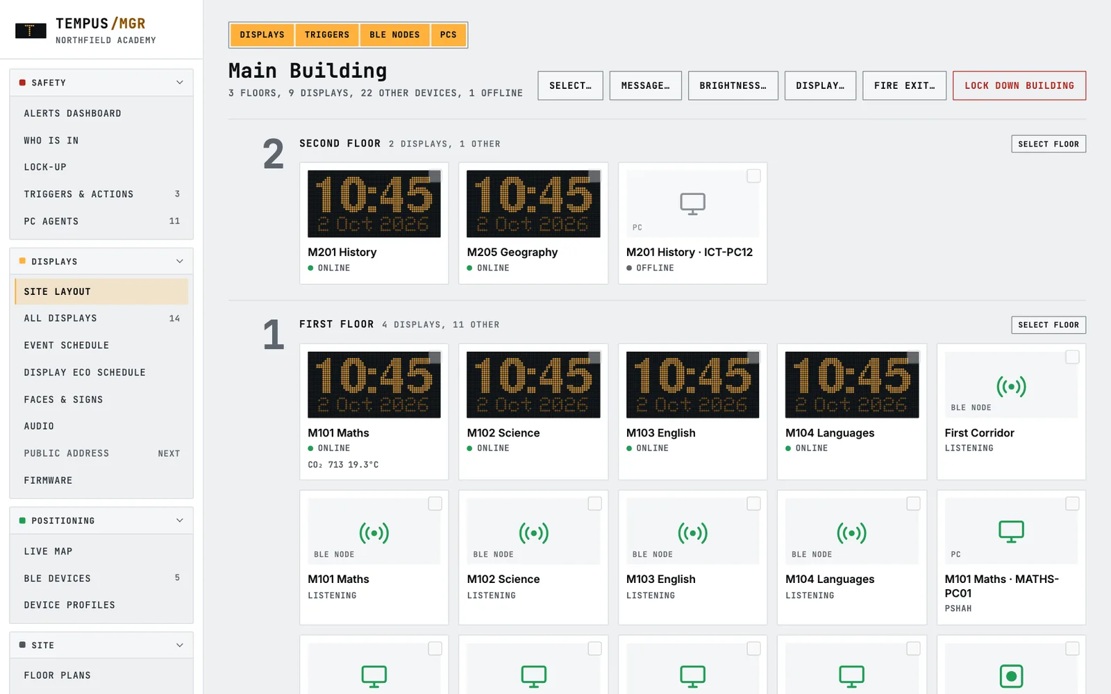 Tempus Manager site layout showing every room display, computer and Bluetooth receiver in a building, with live previews